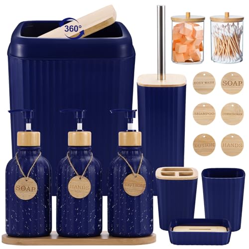 XLHOMO Navy Blue Bathroom Accessories Set 17PCS Bathroom Set with Trash Can 3PCS Lotion Soap Dispenser, Toothbrush Holder,6PCS Wood Tags Bath Accessories with Tray for Kitchen Bathroom - size: Bath Set, style: Navy Blue
