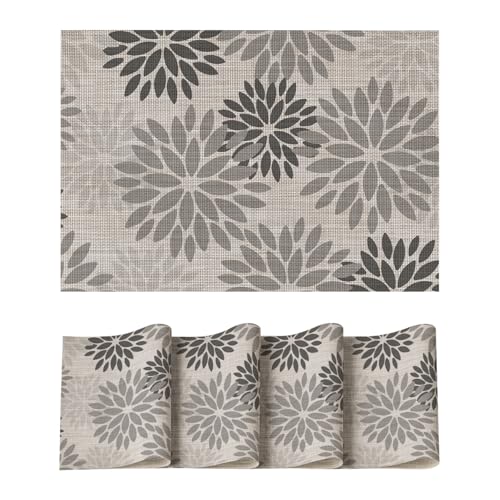 Artoid Mode Floral Vinyl Plastic Placemats Set of 4, 12x18 Inch Washable Non-Slip PVC Place Mats for Party Kitchen Dining Decor, Grey - color: Gray, size: 12" x 18", Rectangular Set of 4