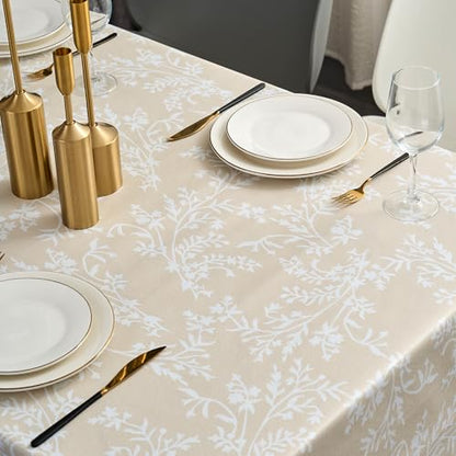 Pioggia Vinyl Tablecloth with Flannel Backing - Waterproof, Oil-Proof, Easy to Clean -Plastic Table Cloth - Perfect for Dining Tables, Kitchen Tables, Parties (Beige Leaves, 60×84 Inch Rectangular) - color: Beige Leaves, size: 84" x 60" (Rectangular)