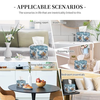 Shells Starfish on Beach Tissue Box Cover Square,Summer Ocean Shells Starfish Tissue Box Holder Waterproof Leather Facial Paper Organizer Dispenser for Bathroom Home Car Nightstand Vanity Desk - color: Color-14