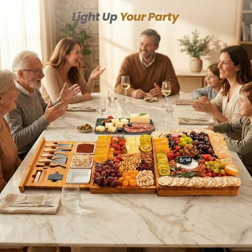 Extra Large Bamboo Charcuterie Board, 3-Layer Pull-Out Trays, Brown | 33.7"x15.7" 3-Layer Pull-Out Cheese Board with Slate Plate, Knife Set, Bowls, Ideal for Home Parties and Housewarming Gifts - color: Carbonized Bamboo
