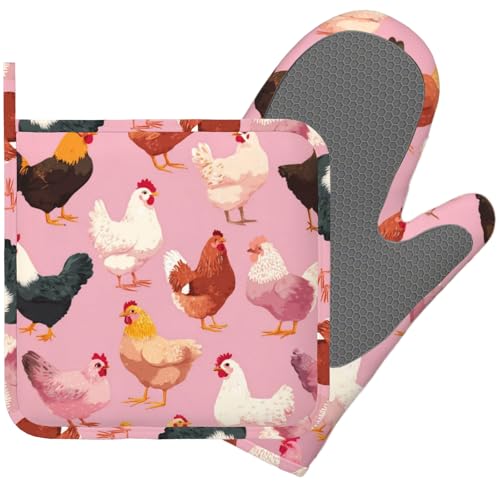 Rooster and Hen Oven Mitts and Pot Holders Sets Cute Chicken Non-Slip Silicone Surface for BBQ Gloves,Kitchen,Cooking,Baking,Grilling - color: Rooster and Hen