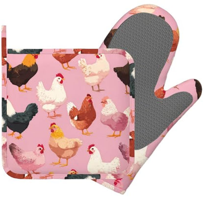 Rooster and Hen Oven Mitts and Pot Holders Sets Cute Chicken Non-Slip Silicone Surface for BBQ Gloves,Kitchen,Cooking,Baking,Grilling - color: Rooster and Hen