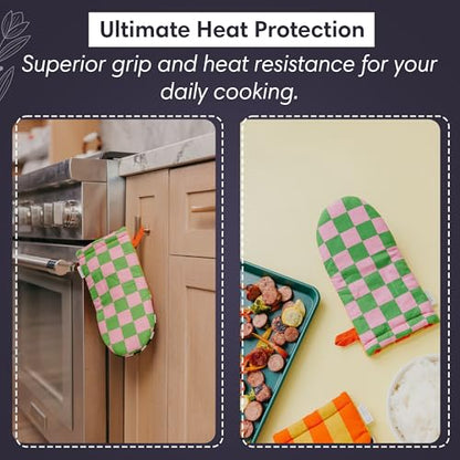 Crae Home Cute Cotton Oven Mitt, Heat-Resistant Kitchen Mitt for Baking Use | Silicone Grip Lined, Hanging Loop, Pot Holder Style Oven Glove, Baking & Cooking, 10.5 x 5.5 Inch, Riglee Pattern Mitts Set - color: Riglee