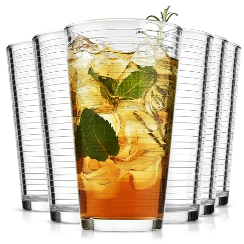 ALINK 16 oz Drinking Glasses, Set of 6 Highball Glasses, Ribbed Glassware Glass Cups, Water Glasses for Beer, Iced Coffee Cups, Cocktail Glasses, Wine, Iced Tea, Dishwasher Safe - style: Ribbed Design