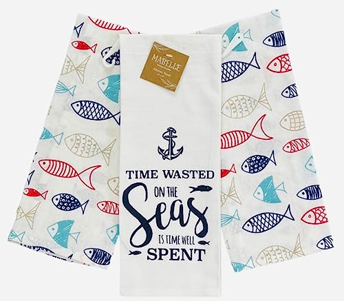 Summer Kitchen Dish Towel Set: Two Colorful School of Fish Design and One Time Wasted, Set of 3 (Fish) - color: Fish Seas