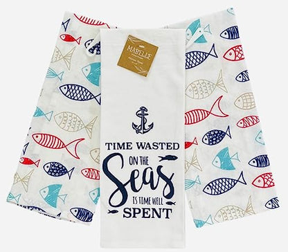 Summer Kitchen Dish Towel Set: Two Colorful School of Fish Design and One Time Wasted, Set of 3 (Fish) - color: Fish Seas
