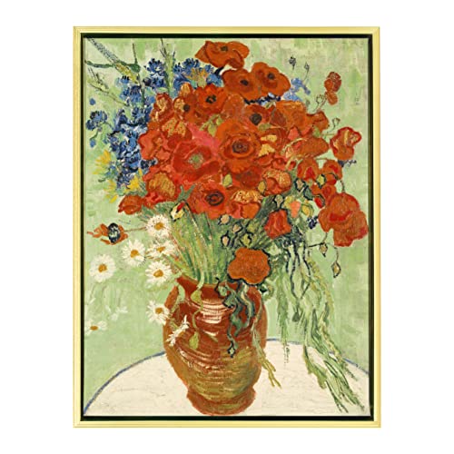 Wieco Art Framed Wall Art Canvas Prints of Red Poppies and Daisies Canvas Prints Wall Art of Van Gogh Paintings Reproduction Abstract Artwork for Wall Decor Golden Frame - size: 16"L x 12"W