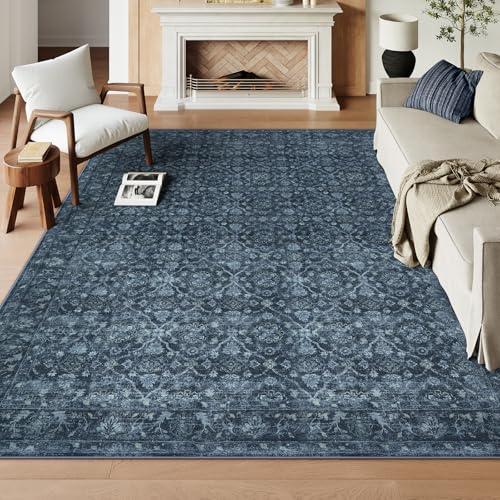 Hedlive Vintage Blue Rugs for Living Room, Ultra-Thin Washable Rugs 8x10 Area Rugs for Bedroom Non Slip, Stain Resistant Vintage Carpet Rug for Dining Room High Traffic Area (8'x10', Blue) - color: Blue, size: 8' x 10' (Rectangular)