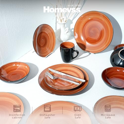 HomeVss, Sonoma Stoneware 16pc Dinnerware Set, Outside Black + Inside Hand Painting Color Spice - color: Spice