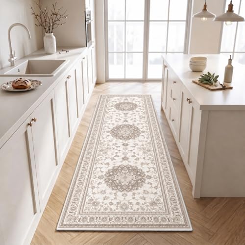 Boho 2x6 Hallway Runner Rug Indoor Machine Washable Vintage Area Rug with Non-Slip Backing Moroccan Runner for Entryway, Hallway, Kitchen, Bedroom, Bathroom, Laundry, Door Entrance Mat Carpet Decor - color: Beige, size: 2' x 6' (Rectangular)