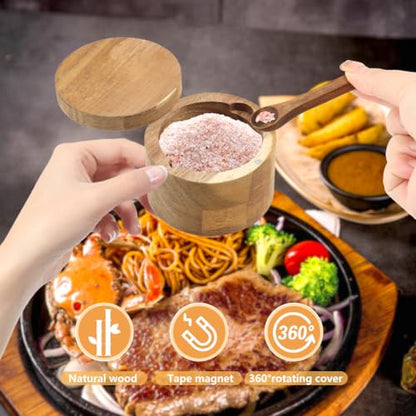 Saycker Wood Salt and Pepper Bowl, with Swivel Lid and Spoon Round Salt Container Spices Storage Box(7cm/2.76inch Dia) - color: S