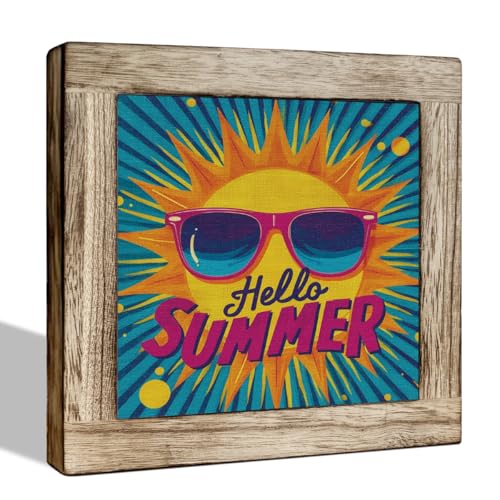 Summer Sunshine Wooden Plaque, Hello Summer Desk Decor for Home, Tabletop Decoration for Living Room, Office, or Bedroom, Rustic Beach Style Wooden Sign, 5.9x5.9 Inches - color: Summer 29
