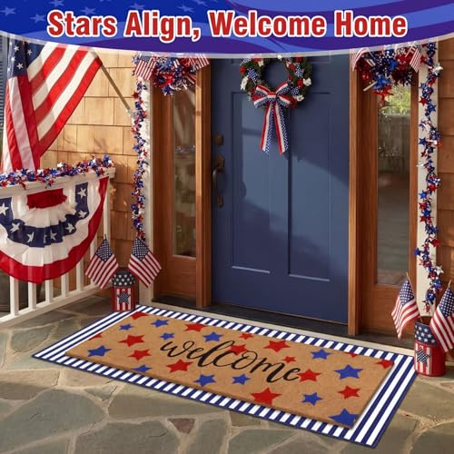 Tinideya 2 Pcs Long 4th of July Layered Outdoor Doormat 47"x17" 250th Anniversary Patriotic Star Coir Welcome Mat with Red White Blue Stripe Rug for Memorial Day Front Porch Entryway Home Decor - style: Stripe