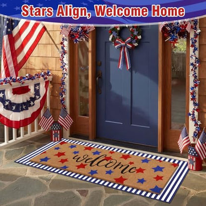 Tinideya 2 Pcs Long 4th of July Layered Outdoor Doormat 47"x17" 250th Anniversary Patriotic Star Coir Welcome Mat with Red White Blue Stripe Rug for Memorial Day Front Porch Entryway Home Decor - style: Stripe