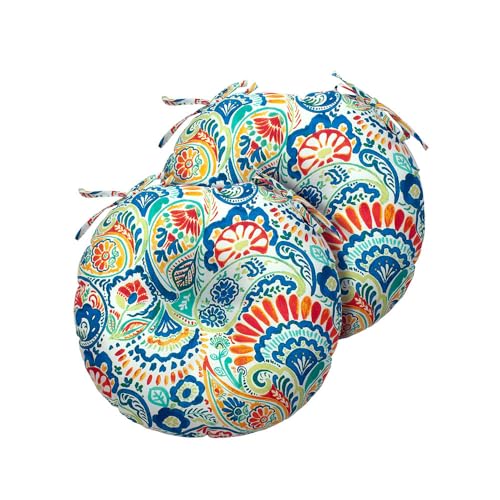 Magpie Fabrics 15" Round Bistro Seat Cushions with Ties, Set of 2, Waterproof All Weather Tufted 4" Thick Patio Chair Pads for Home Garden Dining Metal Stool - Paisley Multi - color: A Paisley Multi