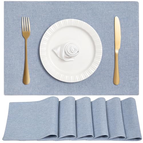 Linen Cloth Double Layers Placemats, Cotton Woven Placemats Set of 6, Kitchen Table Farmhouse Decor Heat Resistant Table Mats, Outdoor Indoor Square Fabric Place Mats Can be Washable (Sky Blue) - color: Sky Blue