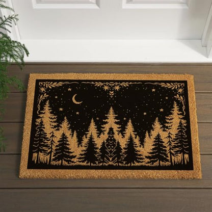 Funny Entryway Outdoor with Heavy Duty Front Porch Patio Welcome Natural Coir Door Mat Novelty House Warming Gift Mat 23.7 x 15.7 inch (Woodland Pine Tree Night Sky)
