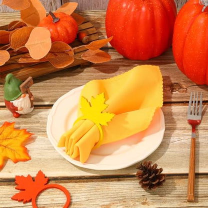 Whaline Fall Thanksgiving Napkin Rings Set of 20, 10 Pcs Wooden Maple Leaf Napkin Ring Holders with 10 Pcs Fall Cloth Napkins for Thanksgiving Table Decorations, Fall Banquet, Holiday Dinner Party