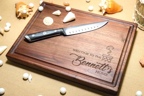 Personalized Hardwood Cutting Board - Housewarming, New Home, Real Estate Closing Gift - Best Gift Idea for Couples, New Homeowners, Family, Friends - USA Made - House with Chimney Design 106