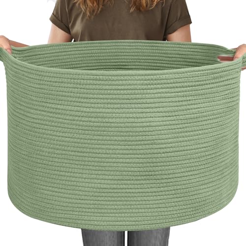 115L Oversized Green Basket, 23.6"x15.7" Woven Cotton Rope Bin for Blankets, Nursery Wicker Laundry Hamper, Kids Toy Storage Bin, Sage Green Living Room Bedroom Decor Baskets for Organizing - color: Green, size: 23.6"x23.6"x15.7"