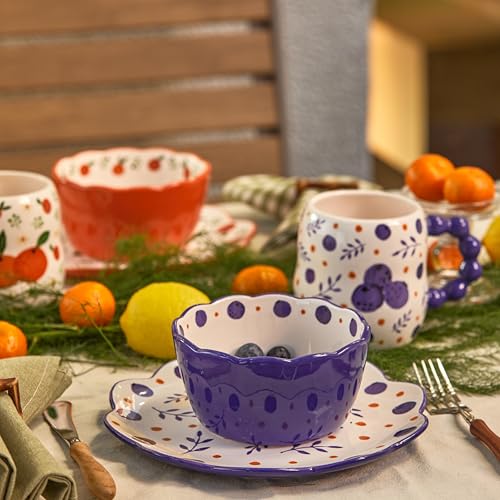 Bico Fruit Pop Scalloped Salad Plates Set of 4, 8.75 Inch Ceramic Dessert Plates for Salad, Appetizer, Side Dishes, Microwave and Dishwasher Safe, Gift for Housewarming and Thanksgiving - color: Fruit Pop