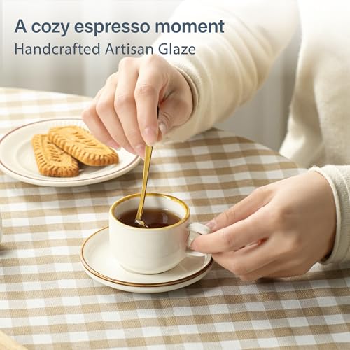 ONEMORE 2.5 Oz Espresso Cups Set of 4, Stackable Porcelain Coffee Cups with Saucers and Metal Stand, White Demitasse Mugs for Espresso, Cappuccino, Latte, Microwave & Dishwasher Safe - color: Cream White