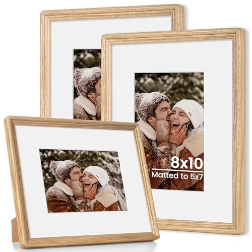 8x10 Natural Solid Oak Wood Picture Frame with 5x7 Mat, Premium Rustic Wooden Photo Frames with Plexiglass, Poster Photo Frame Suitable for Gallery Wall Mount or Tabletop Display, 3 Packs - color: Natural, size: 8x10-3P
