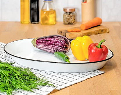 Red Co. Oven Safe Enamelware Metal Classic 16.5” Serving Oval Tray Platter, Distressed White/Black Rim