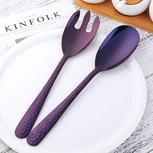 Salad Spoon and Fork Set, 12 Inch Stainless Steel Salad Server, Purple Serving Utensils, Dishwasher Safe, Pack of 2 - color: Purple