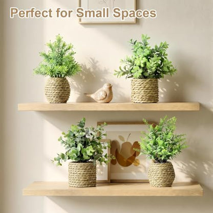 Small Fake Plants, 4 Pack Artificial Plants in Handwoven Seagrass Baskets | Natural Woven Texture, 4 Unique Plant Designs, Shelf, Desk & Table Decor, Realistic Faux Greenery, Farmhouse & Boho Decor