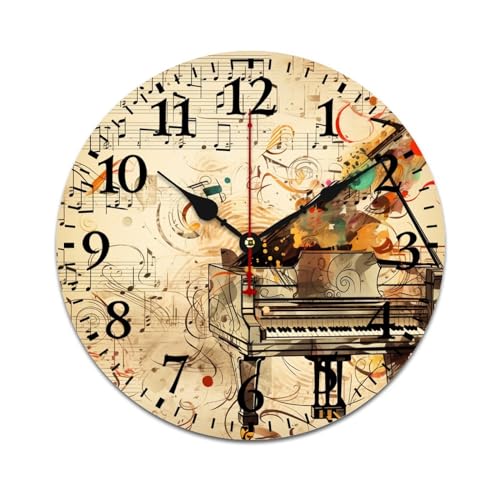 Wooden Wall Clock Old Vintage Abstract Piano and Music Note Round Decorative Clock Battery Operated Colorful Collage with Music Notes Wood Clock 12 Inch Dining Room Decor - color: Pattern-5, size: 12 Inch