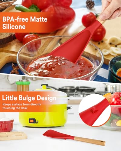 Multifunction Spoon for Nonstick Cookwares, Great for Cooking and Serving, Sturdy BPA-Free Matte Silicone, Wood Handle spoonula for Mixing, Scoop, and Scrape, Red(2 pack,11.4" & 13.4") - color: Red