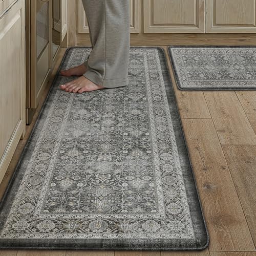 Kitchen Mats 2PCS Anti Fatigue Cushioned Mat Black Vintage Kitchen Mats for Floor Waterproof Non Slip Comfort Standing Distressed Rug for Sink Laundry Office 17.3"x47"+17.3"x30" - color: Vintage | Black, size: 17.3"x47"+17.3"x30"--0.4inch