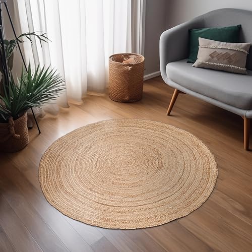 Hausattire Jute Braided Round Rug, Natural, 3 ft | 100% natural jute, hand woven, reversible, boho farmhouse style, entryway/nursery/kitchen use - color: Natural, size: 3' (Round)