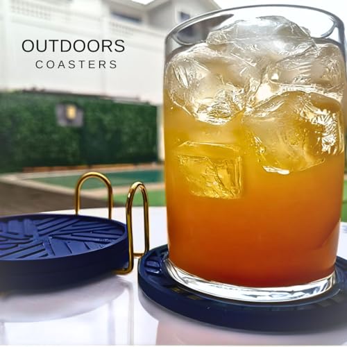 Navy Blue Coasters Set of 6 - Non-Slip Table Coasters for Drinks with Groove Patterns & Gold Holder 4", 0.23" - color: Navy Blue