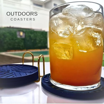 Navy Blue Coasters Set of 6 - Non-Slip Table Coasters for Drinks with Groove Patterns & Gold Holder 4", 0.23" - color: Navy Blue