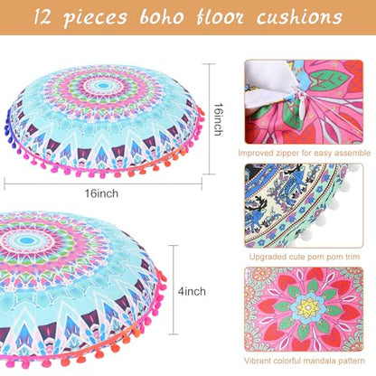 Ganeen 12 Pcs Floor Cushions for Classroom 16'' Boho Kids Seating Pillow Flexible Floor Cushions Meditation Pillows for Toddler Sitting Home School Classroom Kindergarten Daycare Nursery(Round)