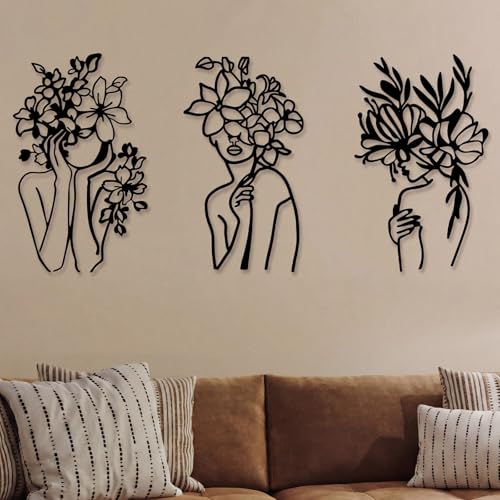 Photect 3 Pcs Metal Wall Art Decor Minimalist Abstract Woman Wall Art Metal Modern Line Drawing Decor Female Single Line Home Hanging for Bedroom Bathroom Living Room Housewarming (Woman,Black) - color: Black, style: Woman