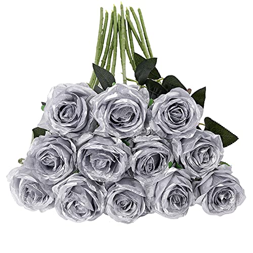 Tifuly 12Pcs Roses Long Stem Fake Silk Artificial Flowers Silver | 12Pcs Realistic Single Long Stem Fake Silk Roses Bouquet for Party Home Wedding Centerpiece Hotel Office Decor ﻿ - color: Silver