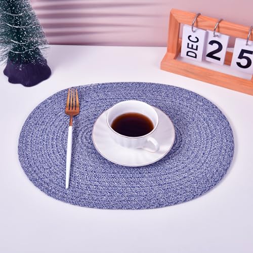 4 Pack Oval Woven Placemats, 12x16 inches Rattan Place Mats Cotton Pot Holders Wicker Tablemats Boho Braided Heat Resistant Mats, Plate Chargers for Table (Mix Blue, Oval Set of 4) - color: Mix Blue, size: Oval Set of 4