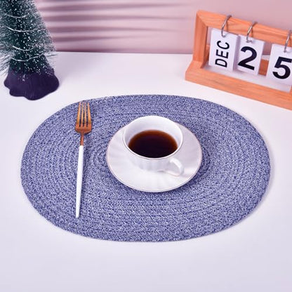 4 Pack Oval Woven Placemats, 12x16 inches Rattan Place Mats Cotton Pot Holders Wicker Tablemats Boho Braided Heat Resistant Mats, Plate Chargers for Table (Mix Blue, Oval Set of 4) - color: Mix Blue, size: Oval Set of 4