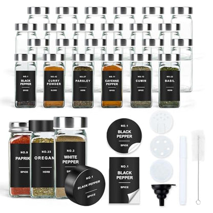 OMOZUNSpice Jars with Label, 24pcs 4oz Glass Jars with Stainless Steel Lids | Square Spice Containers with 304 Labels and Shaker Inserts, Empty Seasoning Bottles for Drawer, Cabinet, Seasoning Organizer - color: Stainless Steel Lid*24 Jars