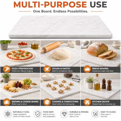 Marble Cheese & Pastry Cutting Board, 16 x 12 Inch, White | Natural Carrara Marble, Serving Tray, For Dough, Bread, Pizza, Charcuterie, Heavy, Non-Slip - color: White, size: 16"L x 12"W