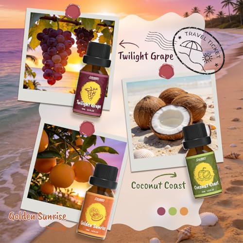 SALUBRITO Hawaii Fragrance Oils Set, Summer Essential Oils for Diffuser, Candle, Soap Making, Tropical Breeze, Island Life, Banana Bliss, Twilight Grape, Coconut Coast, Golden Sunrise Scented Oil - color: Purple