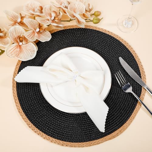 Round Weave Placemats Set of 6, Black with Beige Woven Edge, 15 Inch Heat Resistant Non-Slip Washable Table Mat for Dining Table Kitchen Farm Decor