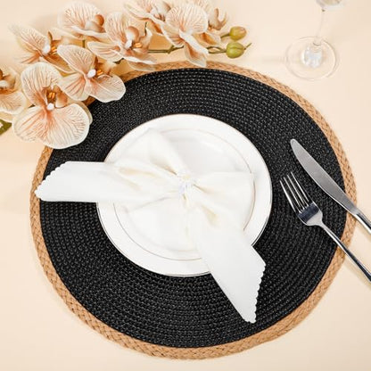Round Weave Placemats Set of 6, Black with Beige Woven Edge, 15 Inch Heat Resistant Non-Slip Washable Table Mat for Dining Table Kitchen Farm Decor