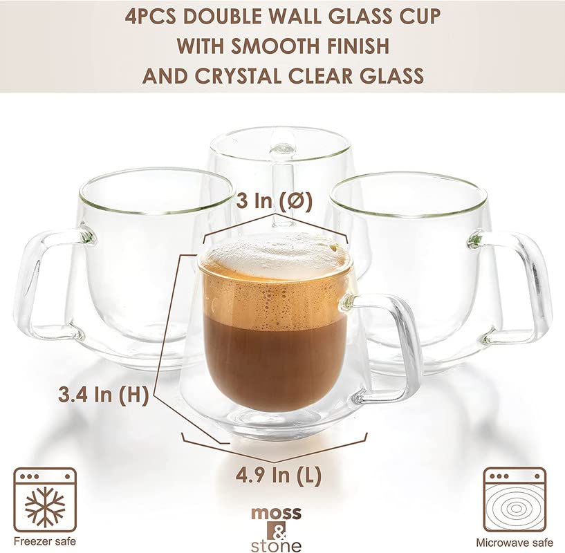 Moss & Stone Set of 4 Double Wall Glass Cup Clear Mug, Double Walled Coffee Mugs 7.5 Oz, Glass Tea Mugs, Insulated Coffee Mug With Handle. - style: 4 Cups