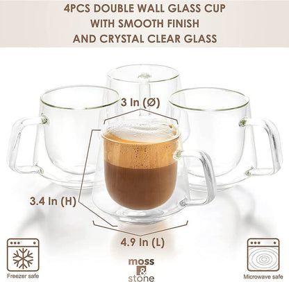 Moss & Stone Set of 4 Double Wall Glass Cup Clear Mug, Double Walled Coffee Mugs 7.5 Oz, Glass Tea Mugs, Insulated Coffee Mug With Handle. - style: 4 Cups