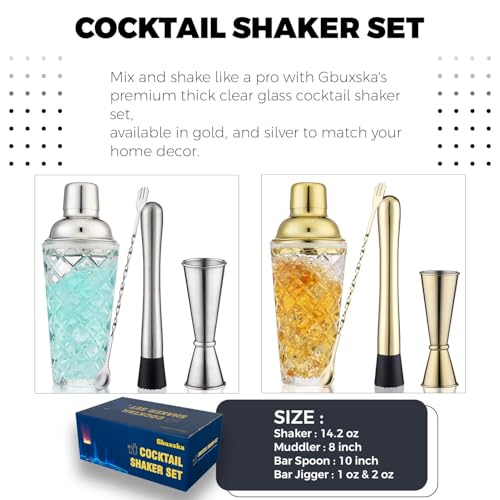 Cocktail Shaker Set, 14.2oz Glass Martini Shaker with Strainer - Includes Measuring Jigger, Mixing Spoon and Muddler - Perfect for Making Cocktails and Protein Shakes (Silver) - color: Silver Set